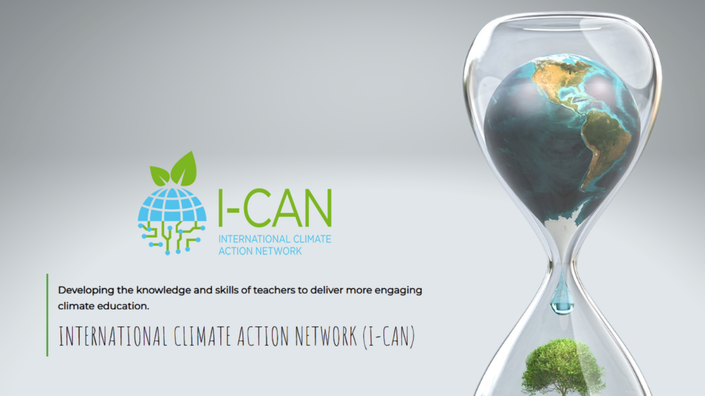 ICAN logo. Developing the knowledge and skills of teachers to deliver more engaging climate education.. International Climate Action Network. To the right an hour glass with a globe on the top part and a tree in the bottom, a drop of water falls from the earth downwards into the second chamber