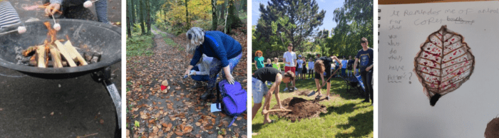 4 photographs from across the project, one of a small fire pit, an adult and a child clearing rubbish in a wooded area, a picture of a leaf in a nature journal with some reflective prompts, Year 9s planting a tree. 