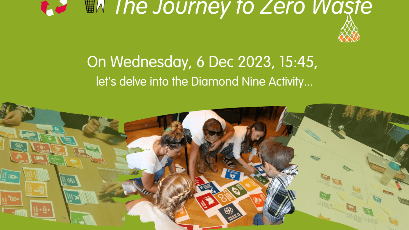 Autumn Twilight, Rethinking the journey to zero waste. On Wednesday, 6 Dec 2023, 15:45, let's delve into the Diamond Nine Activity. Underneath a band of pictures of people using the diamond nine. At the top, a band of pictures of people using the diamond nine. Centre image from Diamond 9 Activity picture from How do we know it's working Copyright RISC. In the middle, text reads: Autumn Twilight, Rethinking the journey to zero waste. Wednesday, 6 Dec 2023 at 15:45. At the bottom, two logos: one belonging to Liverpool World Centre, The other reads 'supported by players of People's Postcode Lottery; Awarded funds from People's Postcode Trust. Autumn Twilight, Rethinking the journey to zero waste. On Wednesday, 6 Dec 2023, 15:45, Exploring the Diamond Nine. In the background two pictures of groups, one around a table and another standing, looking at colourful cards, and rearranging them into Diamond Nine formation. At the bottom, two logos: one belonging to Liverpool World Centre, The other reads 'supported by players of People's Postcode Lottery; Awarded funds from Postcode Neighbourhood Trust.