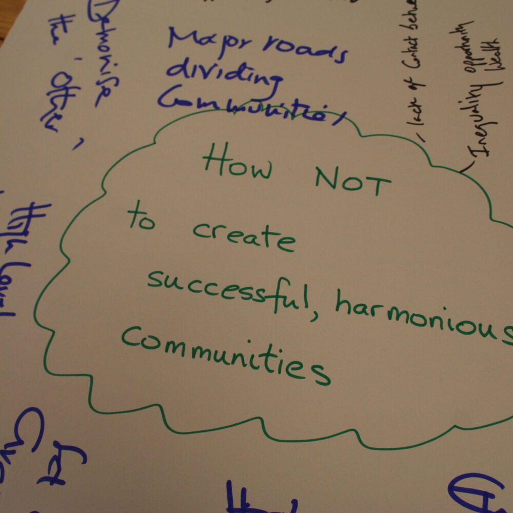 An A1 sheet of paper with the provocation 'how NOT to create successful, harmonious communities' in a thought bubble in the centre. Around it, people have written responses and comments in blue or black ink. A visible comment says 'Major roads dividing communities'.